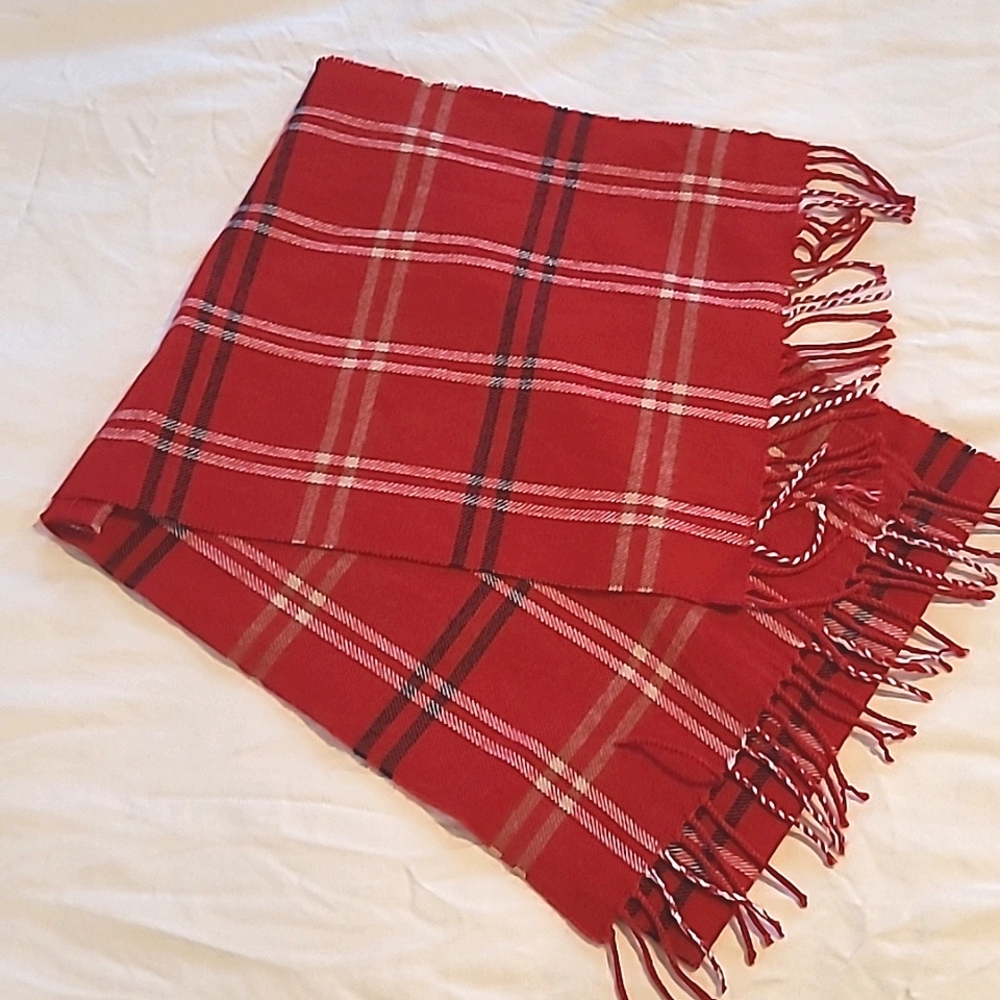 Red plaid autumn/ winter scarf, soft, 65" long, with fringe, pop of color!
